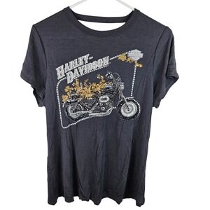 Harley Davidson Womens Gray Short Sleeve Embellished Motorcycle T Shirt Top L
